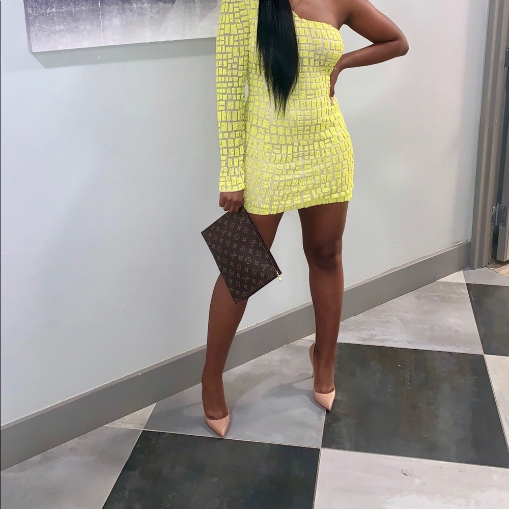 Peace + Love Yellow Bead One Shoulder Mini Dress